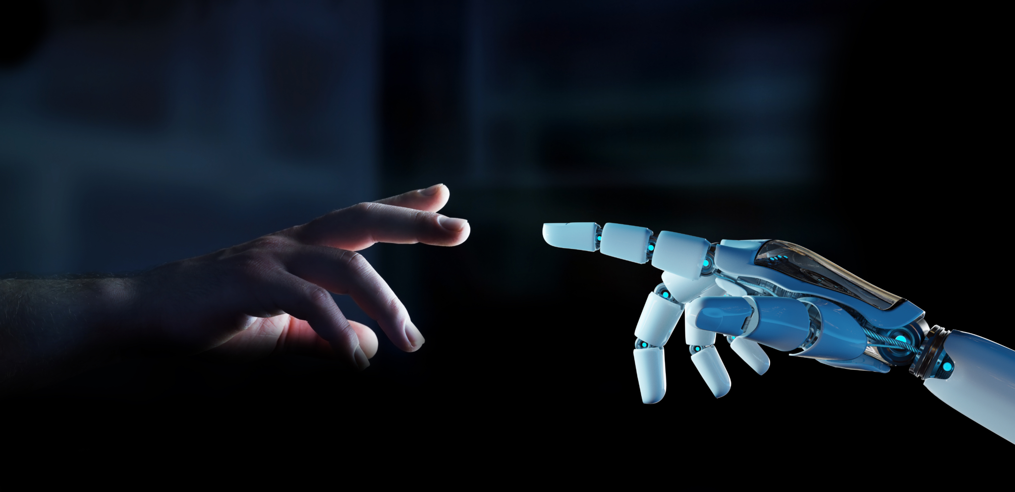 White cyborg finger about to touch human finger 3D rendering